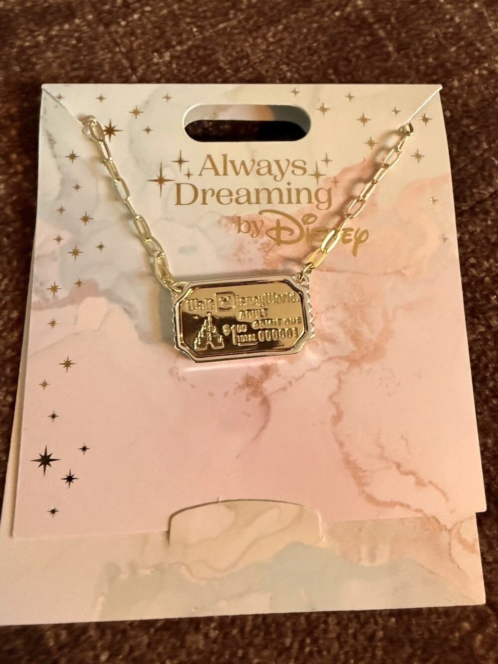 Disney World Opening Day Ticket-Necklace-Always Dreaming Gold Tone